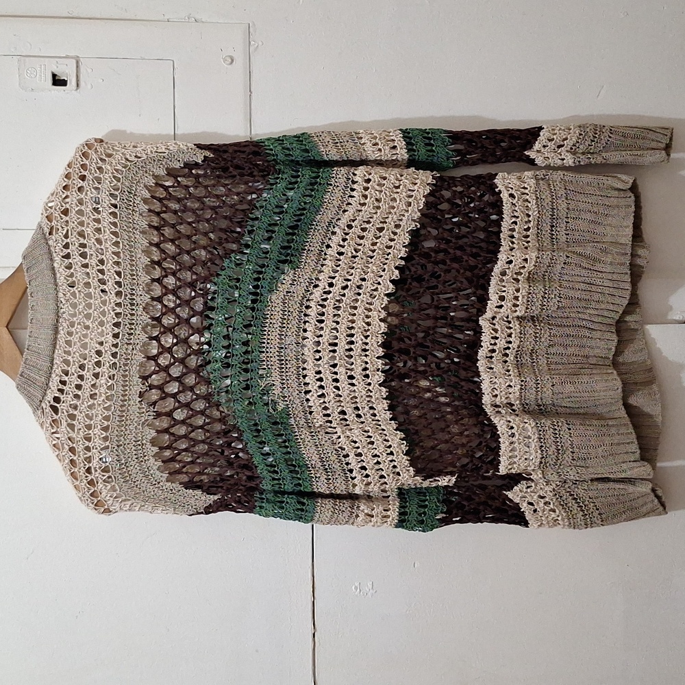NWT BEIGE GREEN MULTICOLOR BEADED CROCHET OVERSIZED KNIT SWEATER LIMITED EDITION - Picture 9 of 10